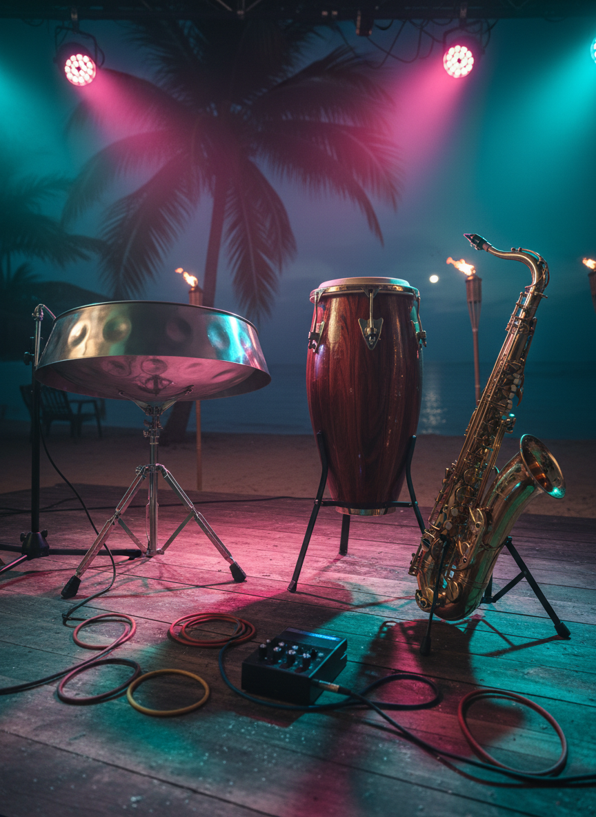 A close-up of a polished, wooden performance stage at a Caribbean beach venue, with a vibrant steel pan, a richly lacquered conga drum, and a gleaming saxophone resting on stands under saturated magenta and teal stage lights. Coiled multicolored cables and a small, illuminated effects pedal trail across the scuffed stage floor, hinting at recent rehearsals. In the distance, blurred palm trees, tiki torches, and the soft glimmer of moonlight on the sea frame the scene. Dramatic side lighting casts bold highlights on metal surfaces and deep shadows between instruments. Photographic realism, shot from a low, slightly tilted angle to emphasize energy and anticipation, with a dynamic, electric mood that conveys live Caribbean music about to ignite the night.
