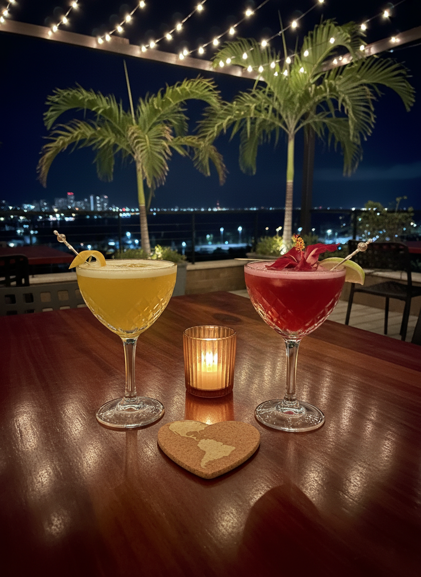 A polished wooden table on an open-air rooftop terrace, set at night with two intricately patterned Caribbean cocktails facing each other, their vibrant colors of passionfruit yellow and hibiscus red glowing under subtle string lights. Between the glasses lies a glossy, heart-shaped coaster with a faint outline of the Caribbean islands, and a small, flickering candle in a tinted glass holder. In the softly blurred background, palm fronds sway near a distant shoreline illuminated by scattered city lights. Gentle warm light from the candle and overhead bulbs creates soft reflections on the glass surfaces. Photographic realism, eye-level composition using the rule of thirds, with a romantic yet playful atmosphere evoking Caribbean dating vibes without showing any people.