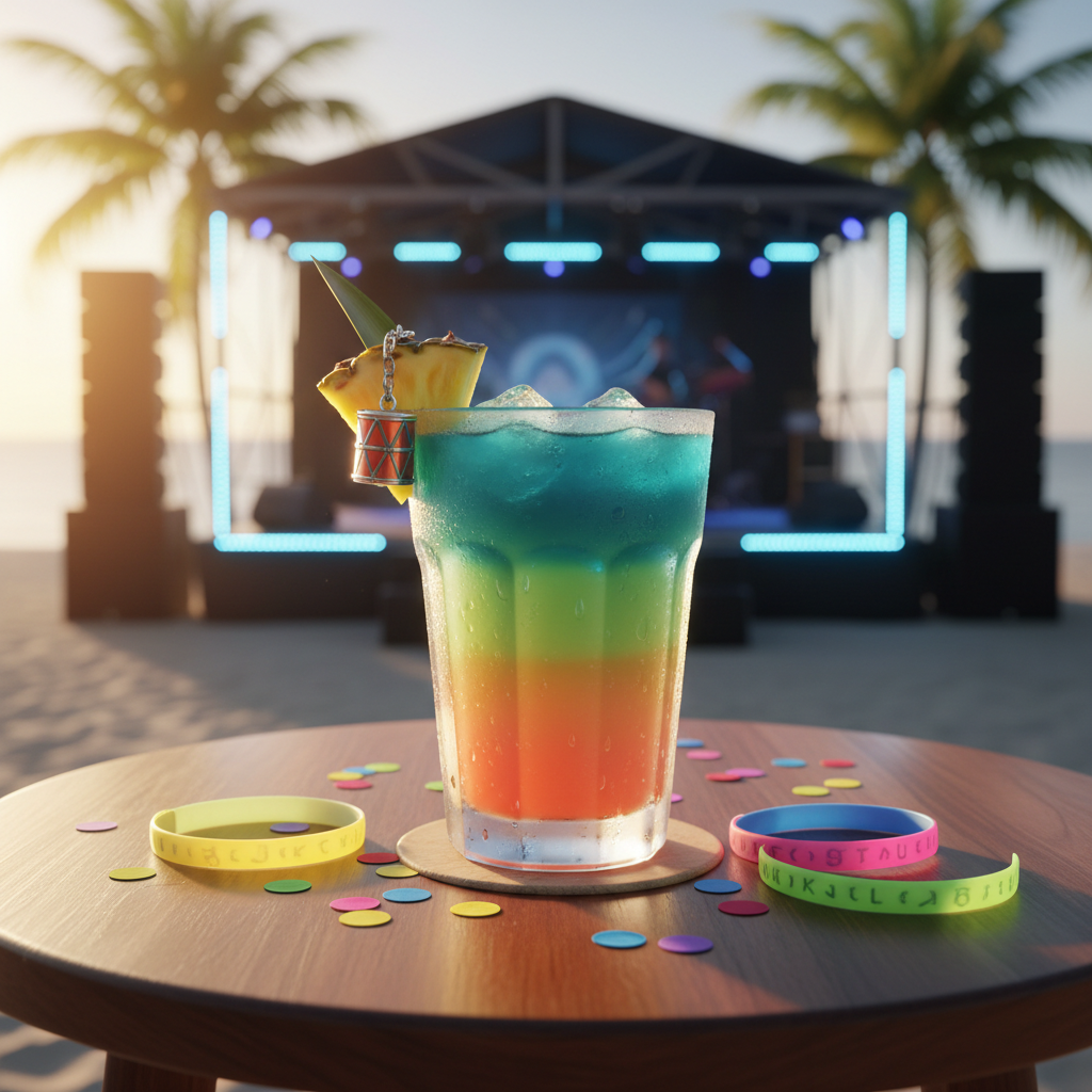 A frosted cocktail glass filled with a layered Caribbean drink in vivid bands of coral orange, lime green, and deep ocean blue, garnished with a perfectly sliced pineapple wedge and a tiny steel-drum charm on the rim. The glass sits on a polished wooden high-top table scattered with colorful confetti and glossy event wristbands. In the softly blurred background, a beachside stage with glowing LED lights and palm-framed speakers hints at an upcoming live show. Warm golden hour light from the side highlights condensation on the glass and creates a glowing halo around the drink. Photographic realism, shot from a slightly elevated angle, with a playful, inviting atmosphere that suggests vibrant parties and unforgettable nights.