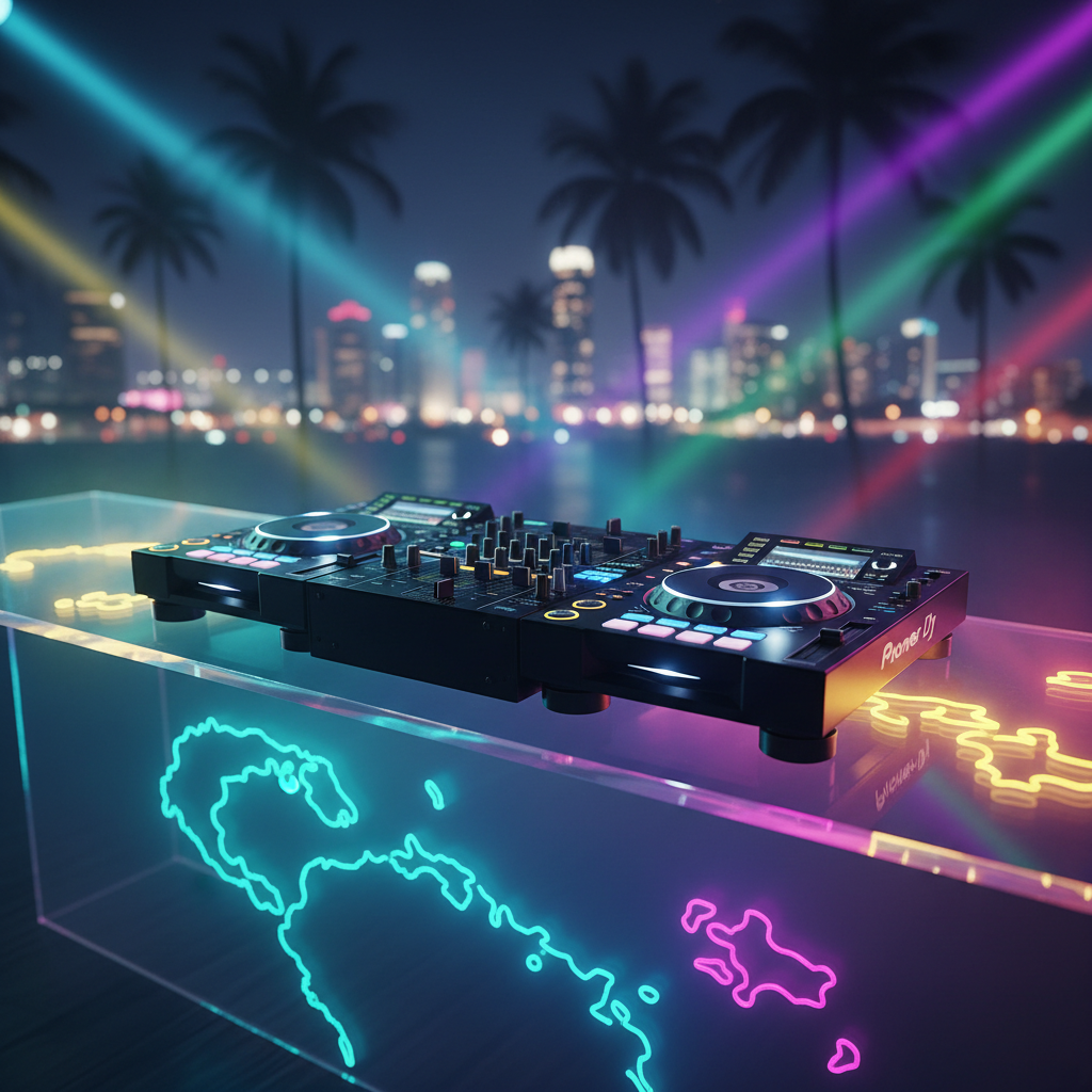 A glossy black DJ turntable and mixer setup resting on a sleek acrylic bar that glows with neon gradients of turquoise, magenta, and electric yellow, subtly shaped like a Caribbean island chain. Behind it, an expansive night skyline of a modern Caribbean city is suggested through out-of-focus colored lights and palm tree silhouettes. Soft, cinematic club lighting casts vibrant reflections on the polished surfaces, with beams of colored light cutting diagonally across light haze. Shot at eye level with a shallow depth of field, the turntable’s metallic knobs and illuminated equalizer bars are in sharp photographic focus, creating an energetic, playful mood that captures the essence of Caribbean nightlife in a bold, vibrant aesthetic.