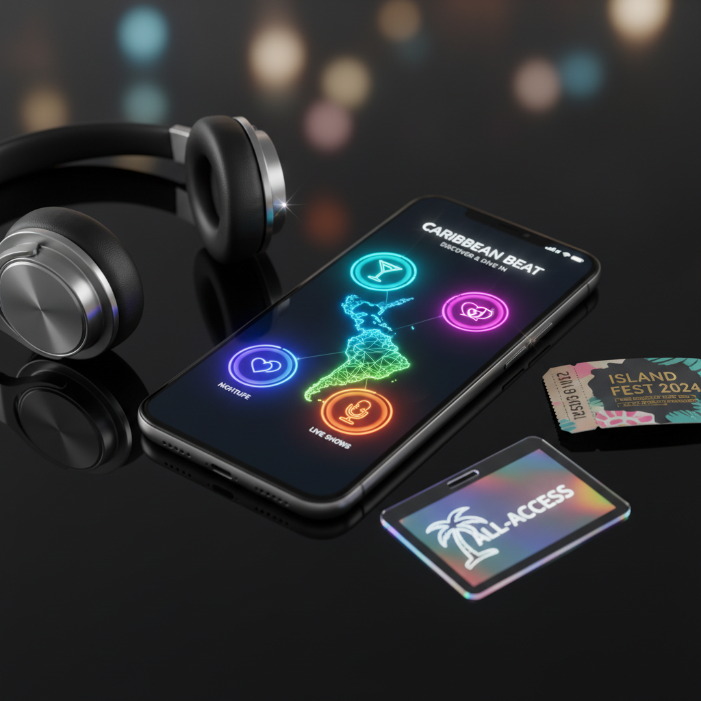 A sleek, modern smartphone lying on a reflective black glass surface, its screen glowing with a vivid Caribbean-themed event discovery interface. Colorful icons for nightlife, dating, live shows, and reviews radiate from a stylized neon map of the islands, each icon pulsing with soft gradients of teal, hot pink, and sunset orange. Around the phone, polished metal headphones, a glossy ticket stub, and a holographic access badge hint at upcoming events. Moody, cinematic lighting from above and behind creates sharp reflections and subtle lens flares. Captured in photographic realism from a three-quarter overhead angle, with a crisp focus on the screen and a soft bokeh background, the mood is tech-savvy, dynamic, and playfully immersive.